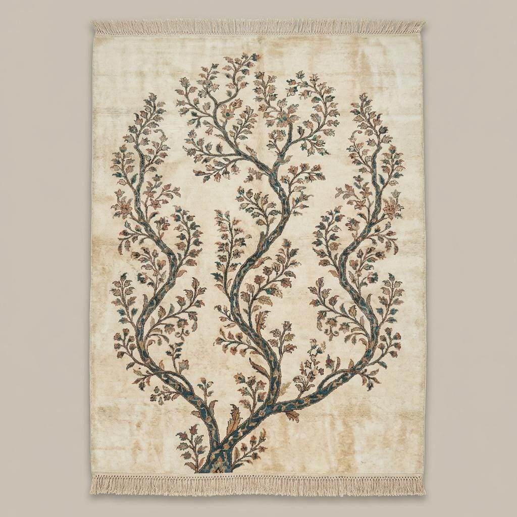 Detailed view of the authentic hand-tied cream cotton fringe at the edge of a premium hand-knotted wool area rug.
