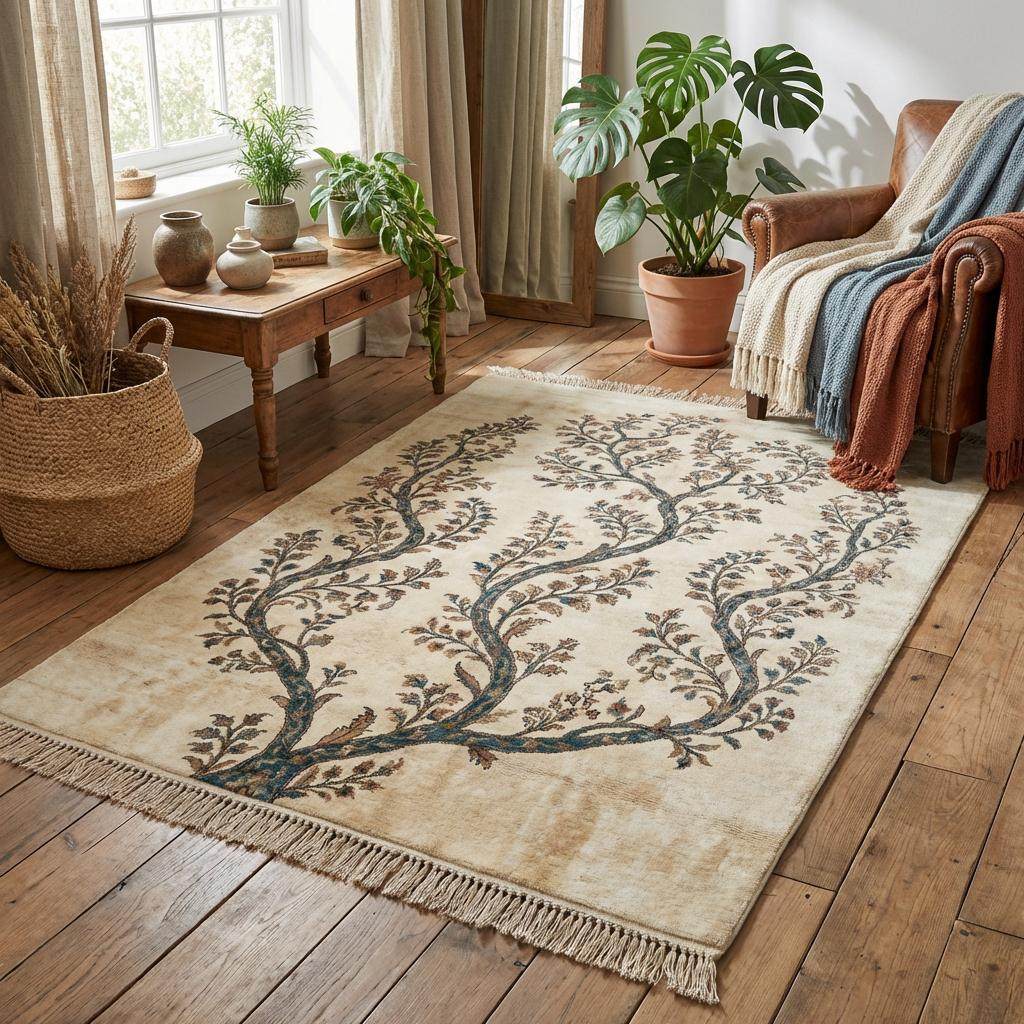 Botanical ivory rug featuring a symmetrical branching tree design with earthy terracotta and gold floral accents on deep teal branches.