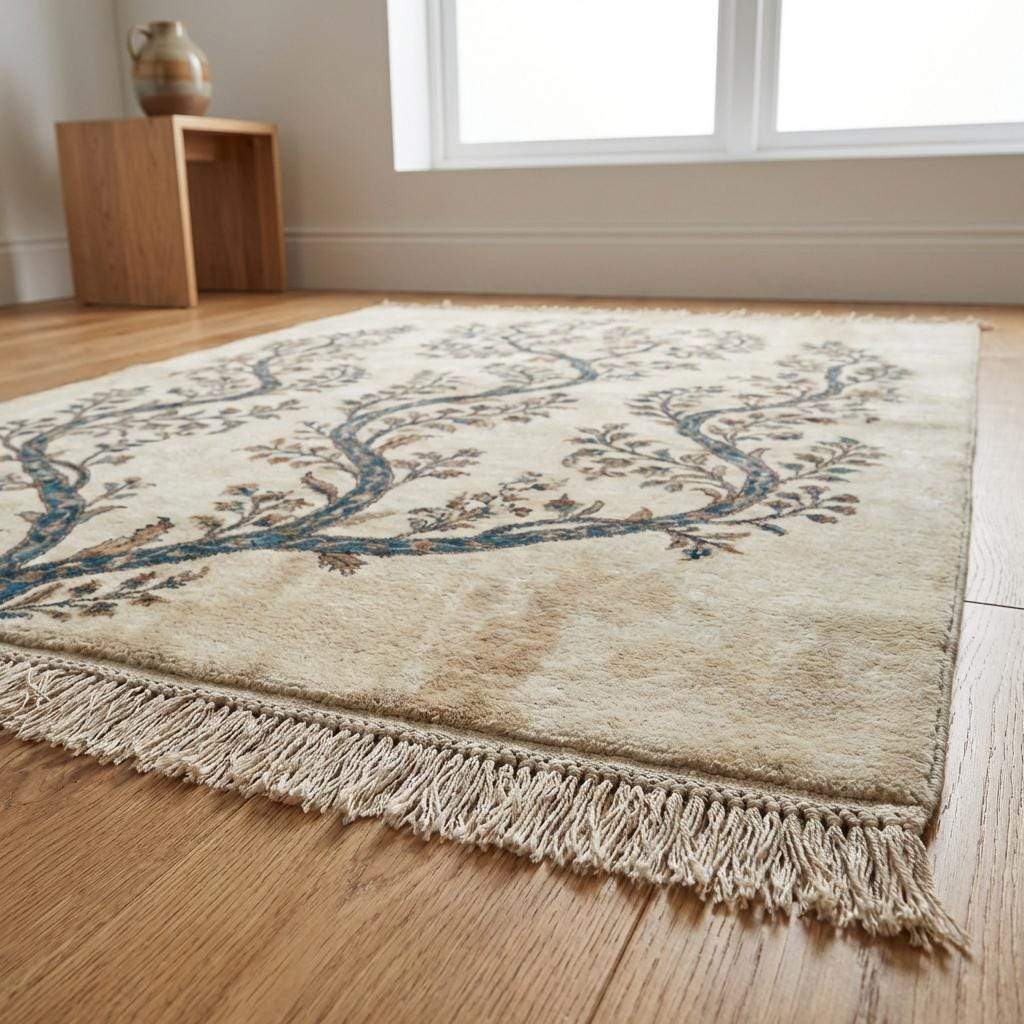 Wide shot of a neutral tree motif rug in a sunlit room, highlighting the organic movement and artisan craftsmanship of the floral pattern.