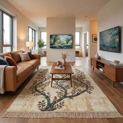 Hand Knotted Wool Rug, Ivory Teal Tree of Life, Botanical Decor