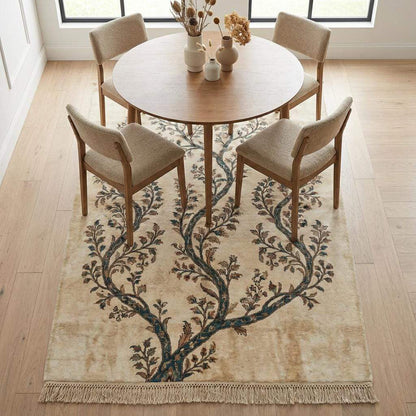 Hand Knotted Wool Rug, Ivory Teal Tree of Life, Botanical Decor