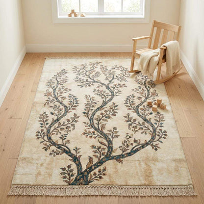 Artisan-made wool rug with a nature-inspired design, ideal for an organic modern or transitional style living room or master bedroom.