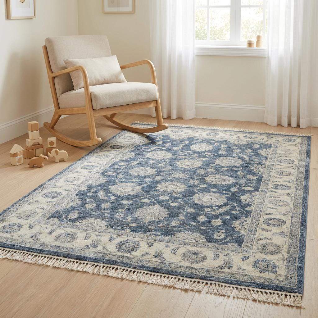 Full room view of a traditional navy and cream rug anchoring a sophisticated interior design space with neutral walls. __etsy:7636050848