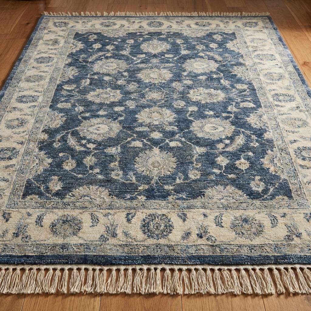 Hand Knotted Wool Rug, 8x10 Navy Blue Oushak Rug, Large Transitional Floral Area Rug, Traditional Persian Carpet for Living Room __etsy:7636050868