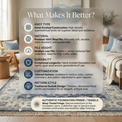 Hand Knotted Wool Rug, 8x10 Navy Blue Oushak Rug, Large Transitional Floral Area Rug, Traditional Persian Carpet for Living Room __etsy:7683993223