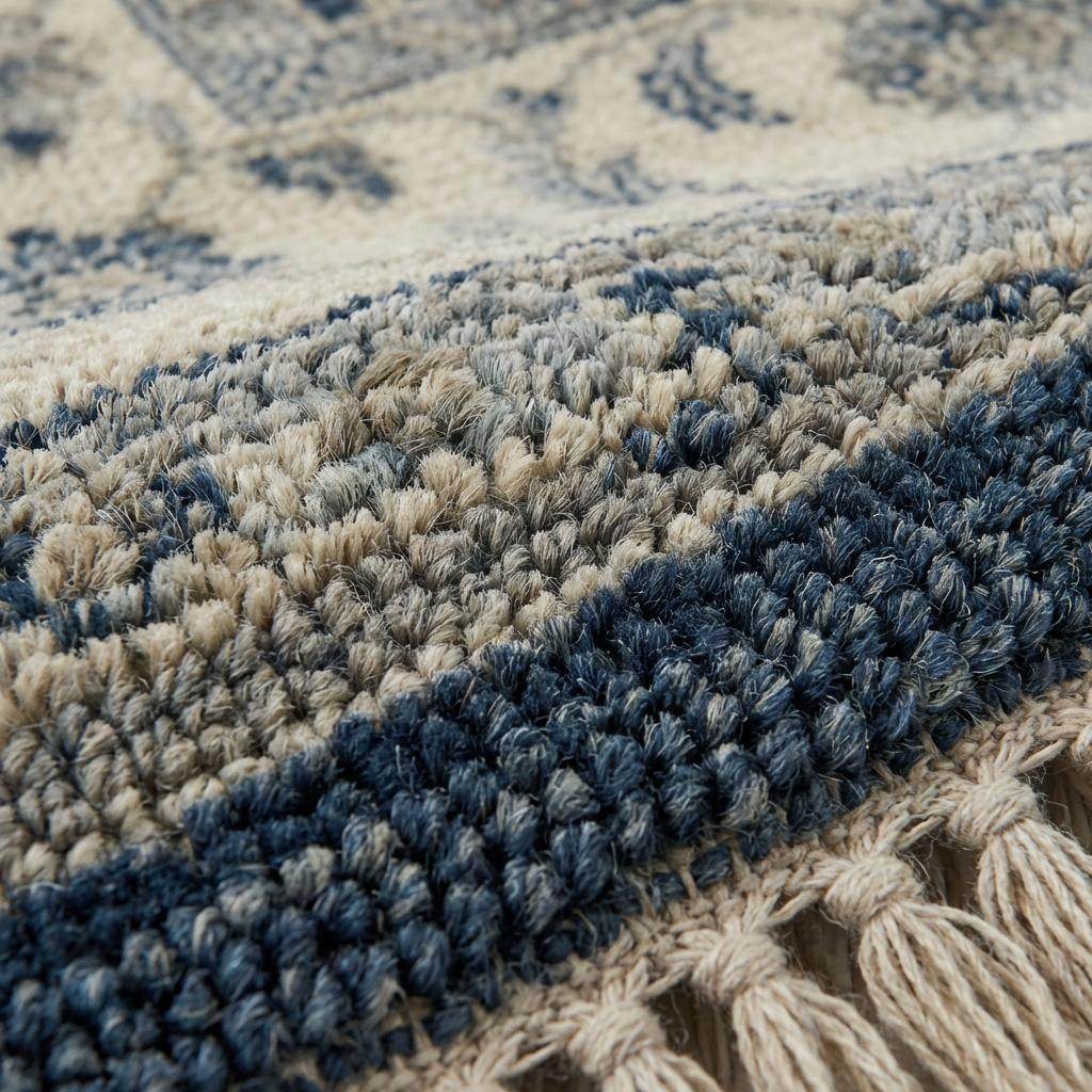 Close-up of the hand-knotted wool pile showing intricate knot density and natural cream fringe, highlighting the authentic artisanal weave. __etsy:7636050852