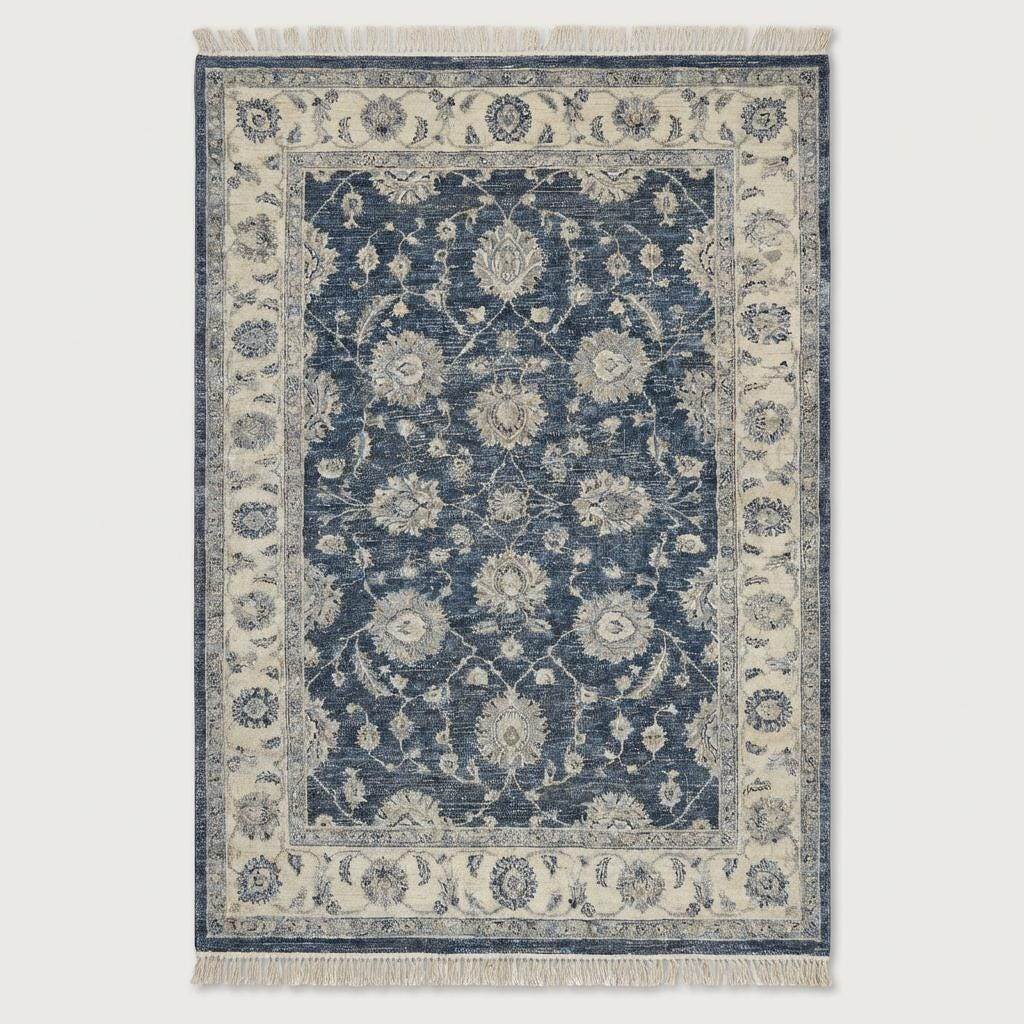 Overhead view of a transitional navy blue rug featuring traditional Persian floral motifs and a wide decorative ivory border. __etsy:7683993193