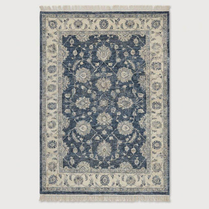 Overhead view of a transitional navy blue rug featuring traditional Persian floral motifs and a wide decorative ivory border. __etsy:7683993193