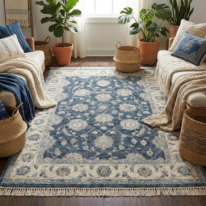 Hand-knotted rug detail showing the subtle color variations (abrash) in the midnight blue wool, typical of premium hand-dyed fibers. __etsy:7683993229