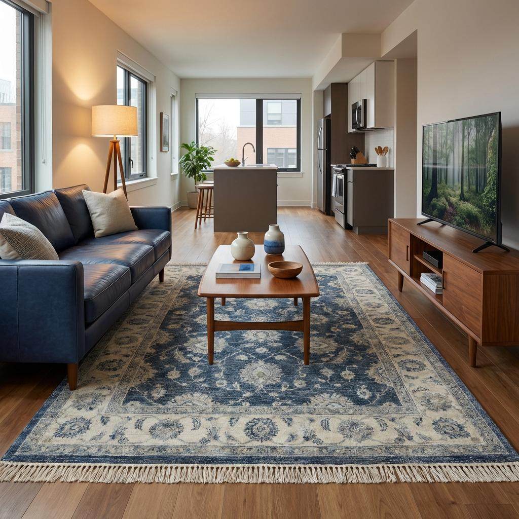 Perspective shot of a high-quality wool area rug under a classic window, demonstrating the matte finish and soft texture of hand-spun wool. __etsy:7636050830