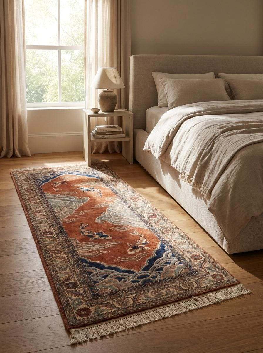 Hand Knotted Wool Runner Rug, Japanese Koi Fish Oriental Carpet __etsy:8091951028