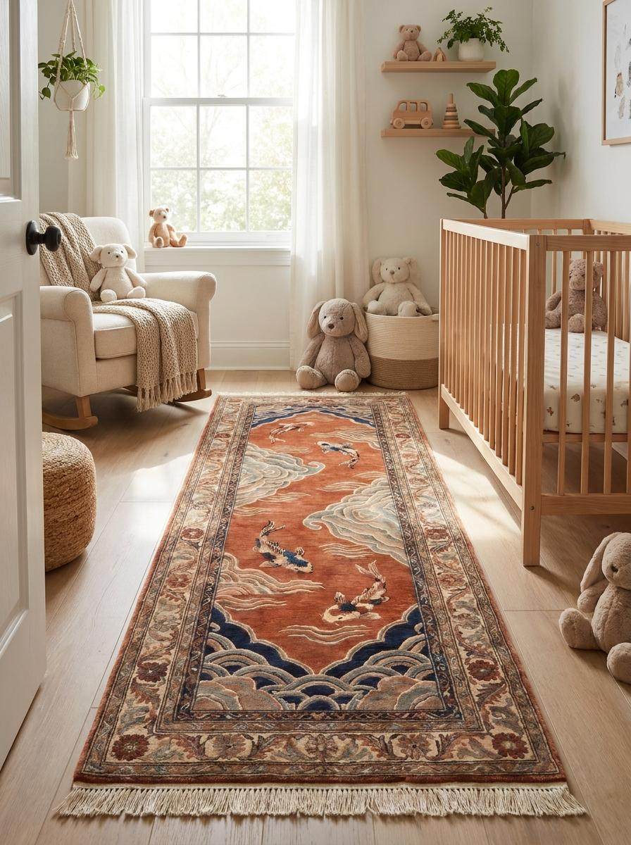 Hand Knotted Wool Runner Rug, Japanese Koi Fish Oriental Carpet __etsy:8139857423