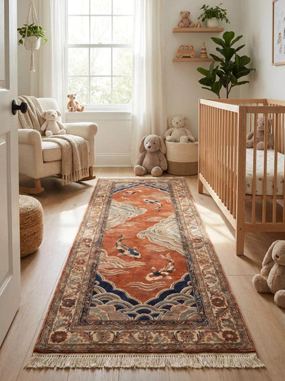 Hand Knotted Wool Runner Rug, Japanese Koi Fish Oriental Carpet __etsy:8139857423
