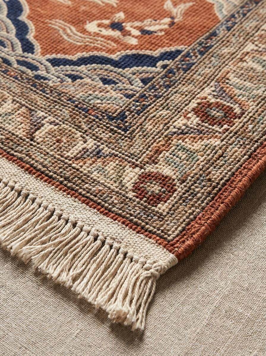 Close-up view of hand knotted wool pile showing detailed knot structure, premium wool fibers, low pile texture, and artisan craftsmanship. __etsy:8091951102