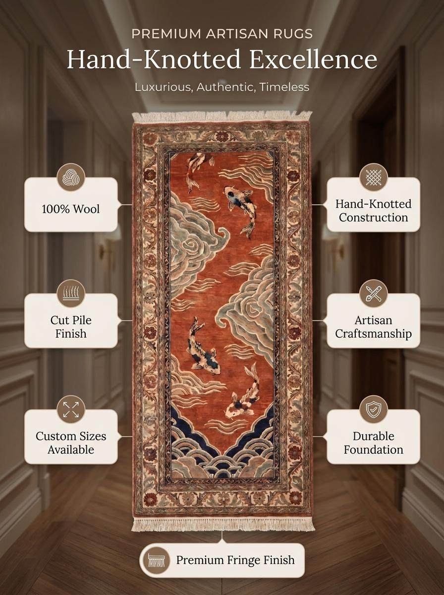 Hand Knotted Wool Runner Rug, Japanese Koi Fish Oriental Carpet __etsy:8091951092