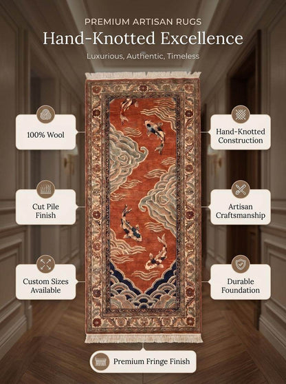 Hand Knotted Wool Runner Rug, Japanese Koi Fish Oriental Carpet __etsy:8091951092