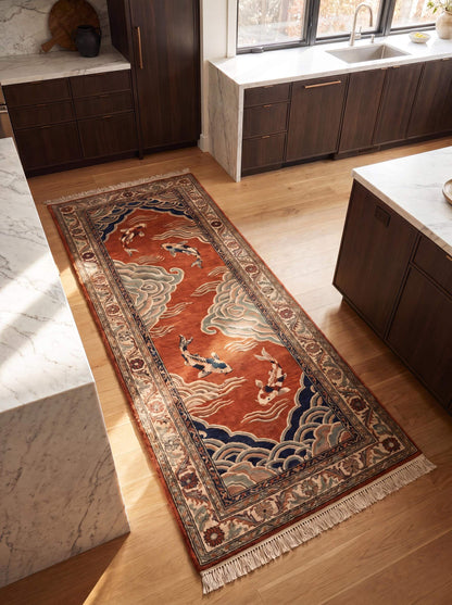 Hand knotted wool runner rug featuring koi fish artwork with Japanese-inspired cloud motifs and decorative Oriental border design. __etsy:8139857019