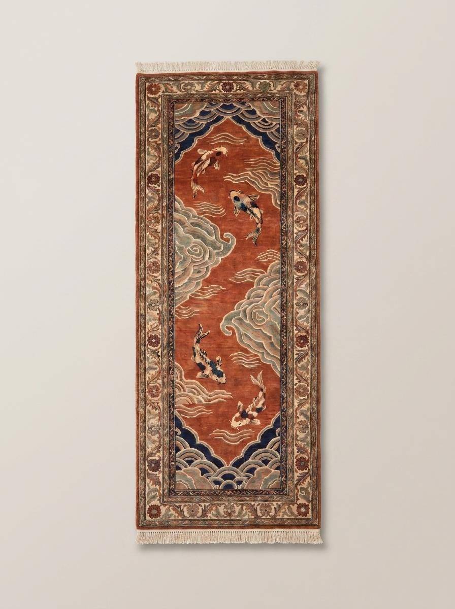 Japanese style handmade runner rug with koi fish swimming across a rust orange field framed by an intricate floral border. __etsy:8091950994