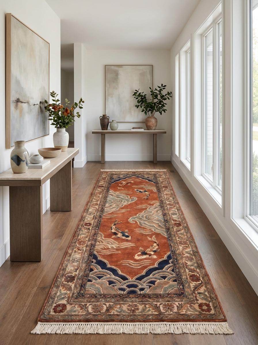 Traditional Oriental wool carpet showcasing koi fish symbolism, cloud patterns, and artisan hand-knotted construction. __etsy:8091951012