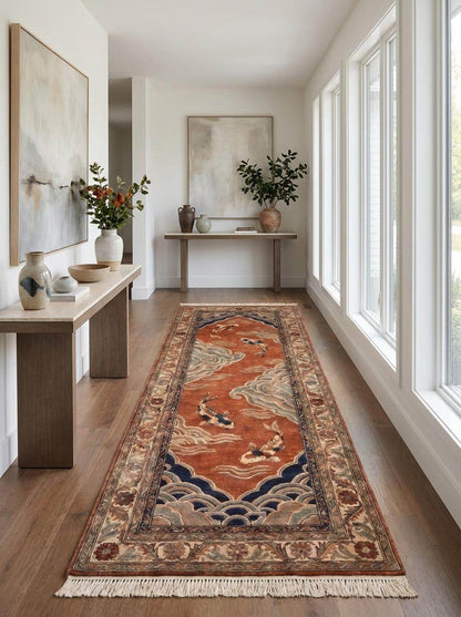 Traditional Oriental wool carpet showcasing koi fish symbolism, cloud patterns, and artisan hand-knotted construction. __etsy:8091951012
