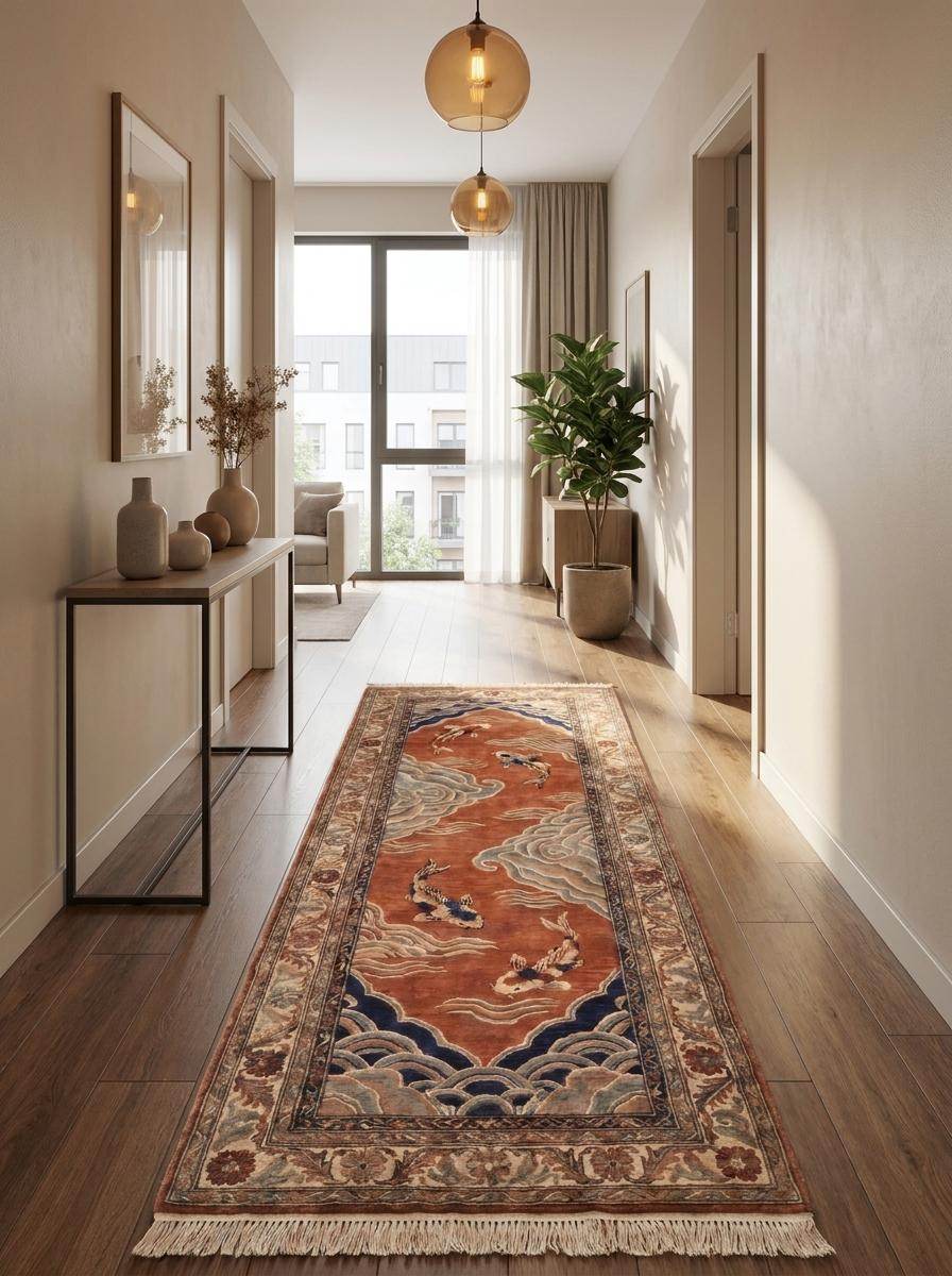 Decorative Asian-inspired runner rug with rust, navy, ivory, and beige tones creating a sophisticated statement piece. __etsy:8091951014