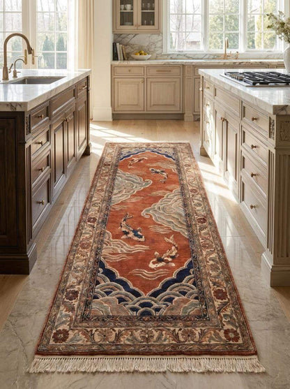 Hand Knotted Wool Runner Rug, Japanese Koi Fish Oriental Carpet __etsy:8091951032