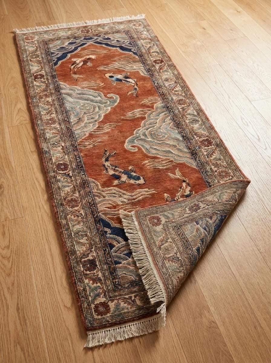 Hand Knotted Wool Runner Rug, Japanese Koi Fish Oriental Carpet __etsy:8091951072