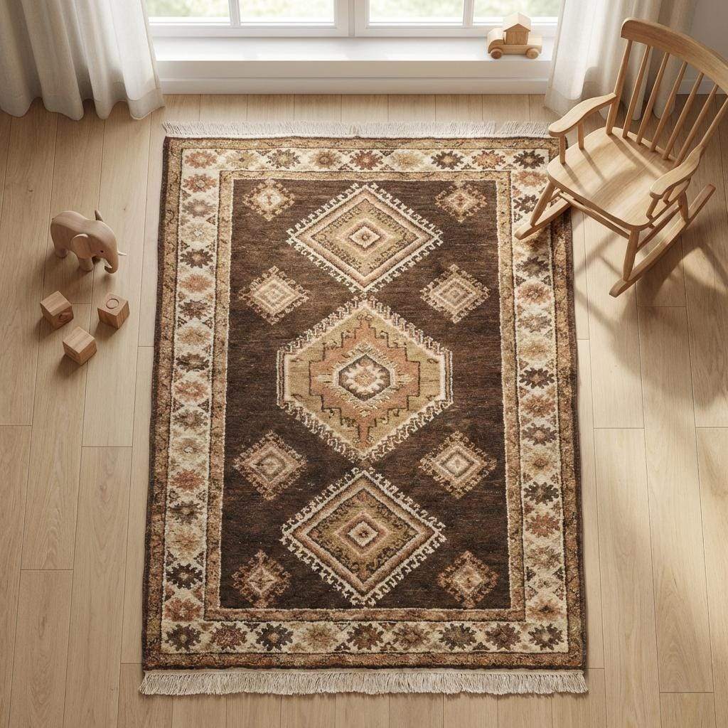 Hand Knotted Wool Tribal Area Rug, Rustic Geometric Living Room Decor