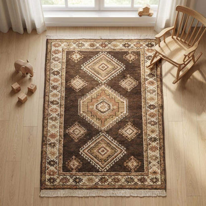 Hand Knotted Wool Tribal Area Rug, Rustic Geometric Living Room Decor