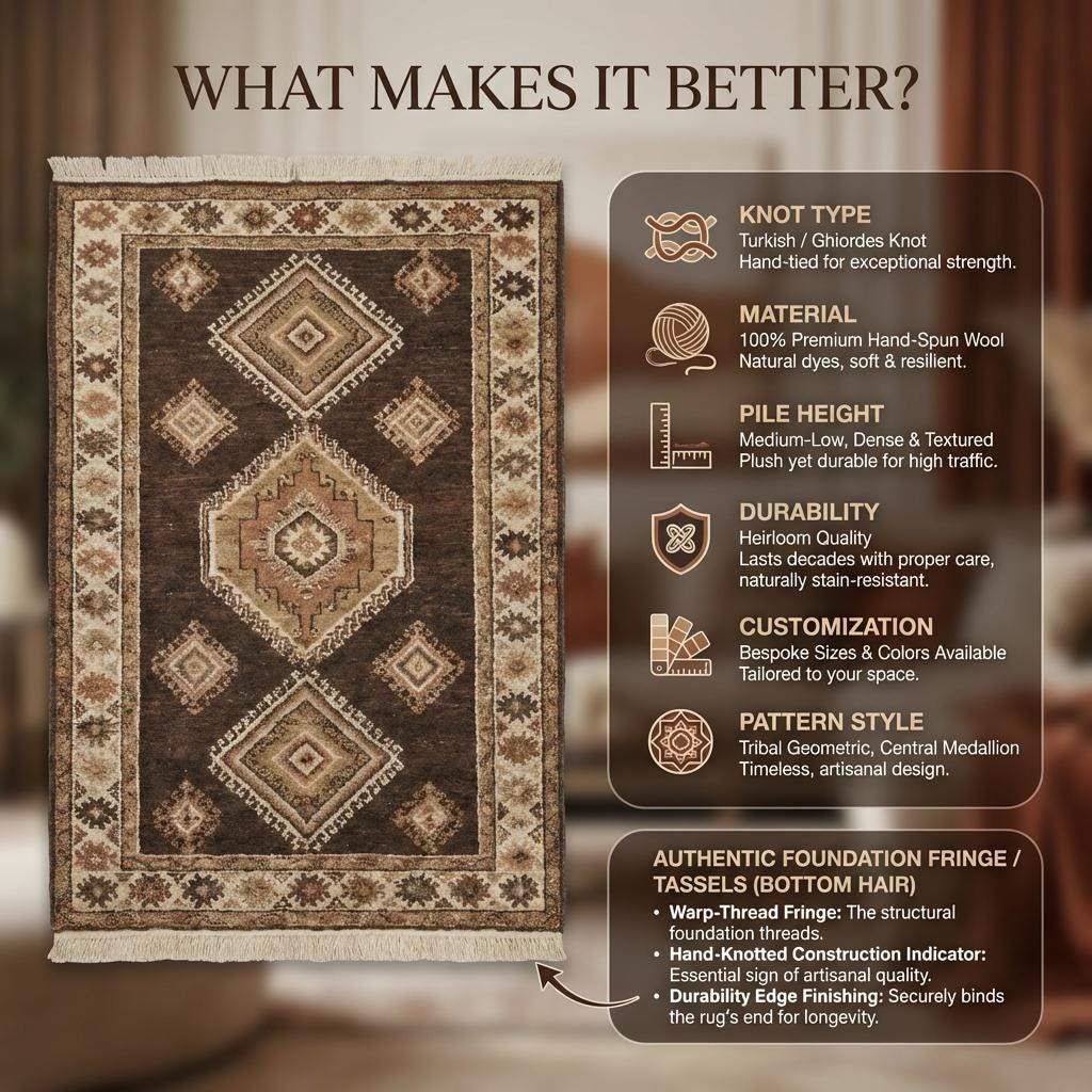 Hand Knotted Wool Tribal Area Rug, Rustic Geometric Living Room Decor