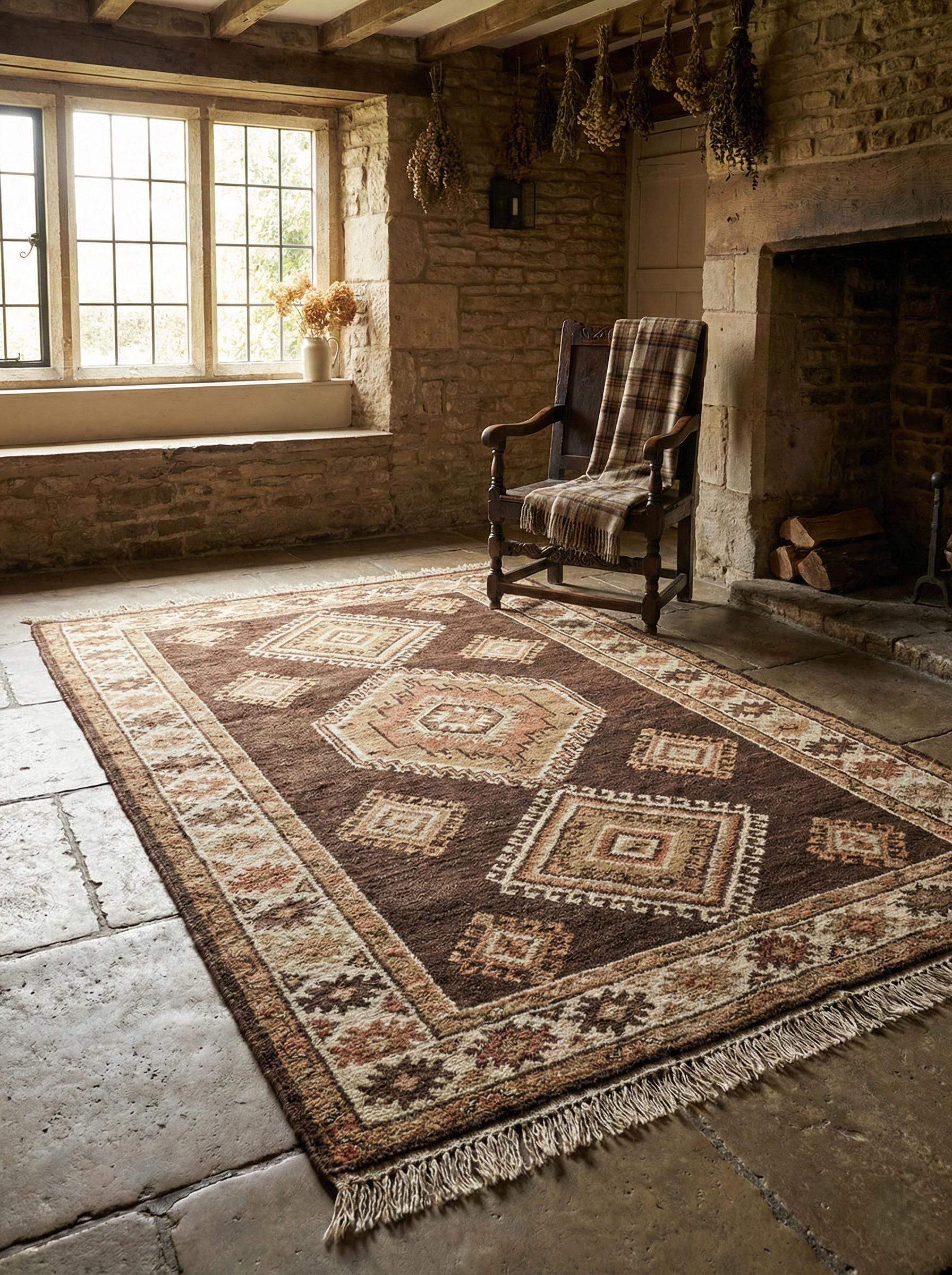 hand knotted wool tribal area rug with rustic geometric design for living room decor