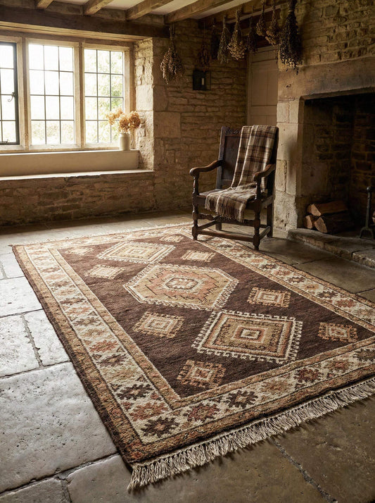 hand knotted wool tribal area rug with rustic geometric design for living room decor