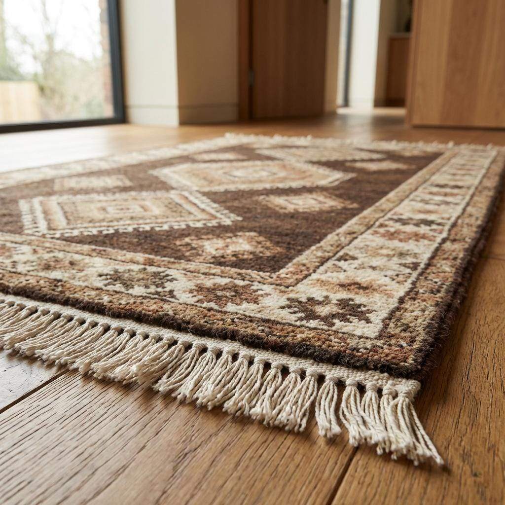 Brown and beige tribal hand knotted rug highlighting artisan craftsmanship