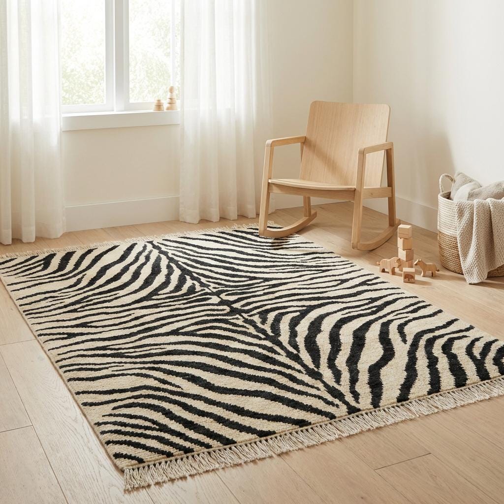 Designer-style black and ivory wool rug highlighting natural variation from hand knotting