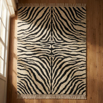 Hand Knotted Zebra Stripe Wool Area Rug, Modern Black Ivory Carpet