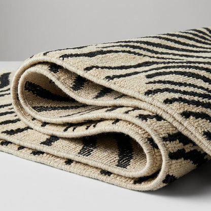 Hand Knotted Zebra Stripe Wool Area Rug, Modern Black Ivory Carpet