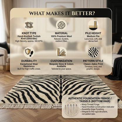 Hand Knotted Zebra Stripe Wool Area Rug, Modern Black Ivory Carpet