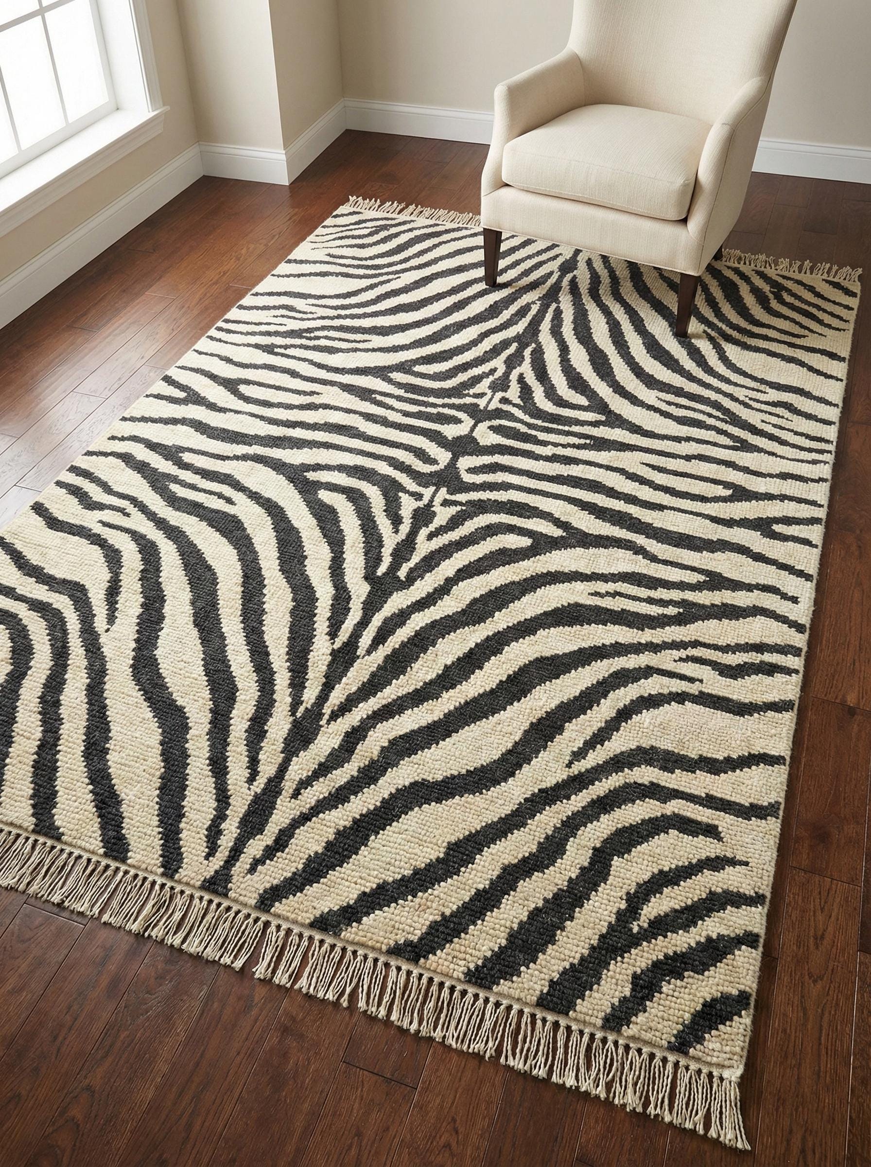 Hand knotted black and ivory zebra stripe wool area rug with modern design