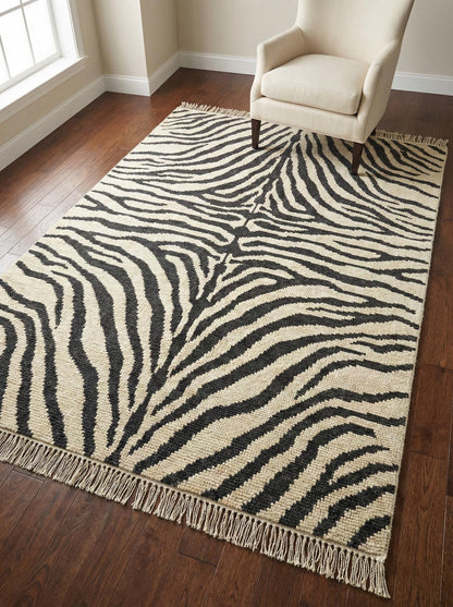 Hand knotted black and ivory zebra stripe wool area rug with modern design