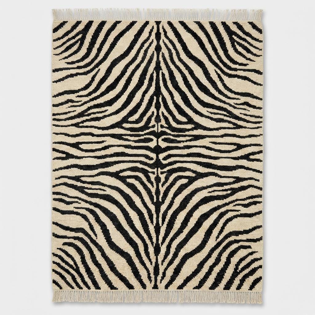 Modern abstract striped wool rug with bold black pattern on ivory background