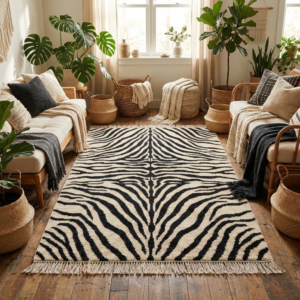 Handmade wool area rug with zebra-inspired design styled on hardwood floor