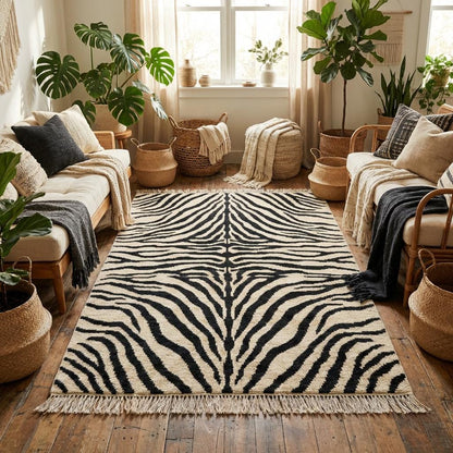 Handmade wool area rug with zebra-inspired design styled on hardwood floor