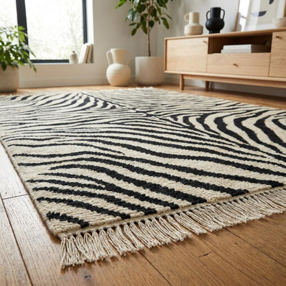 Contemporary hand knotted rug featuring organic stripe pattern and neutral tones