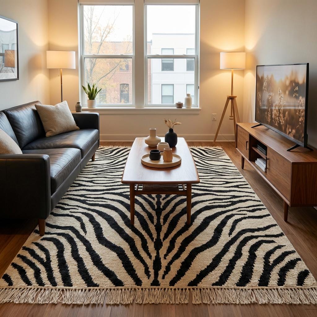 Hand Knotted Zebra Stripe Wool Area Rug, Modern Black Ivory Carpet