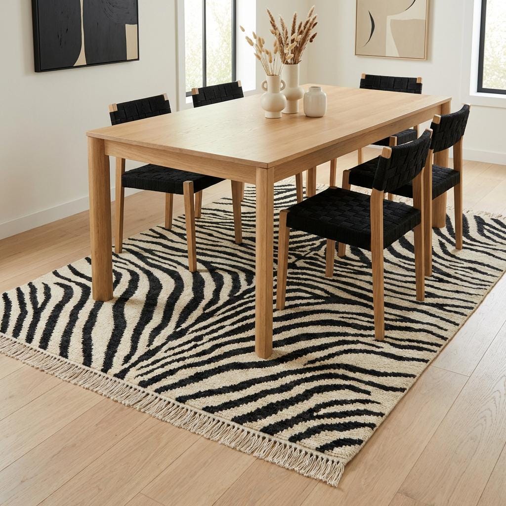 Hand Knotted Zebra Stripe Wool Area Rug, Modern Black Ivory Carpet
