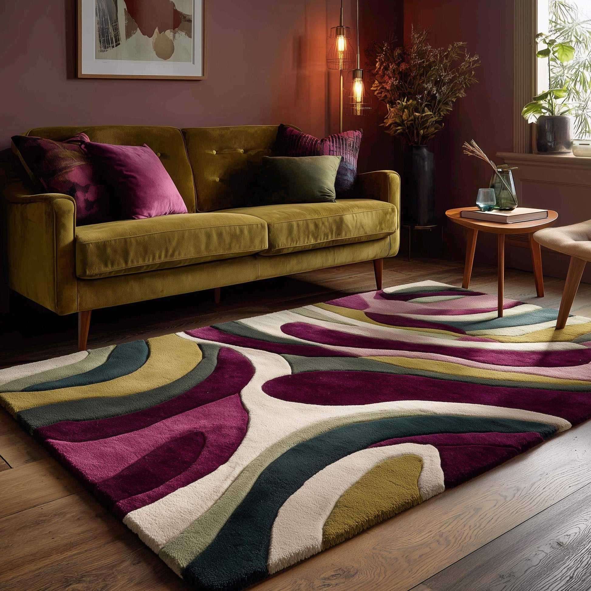 Hand tufted area rug with olive green and plum abstract retro swirl design