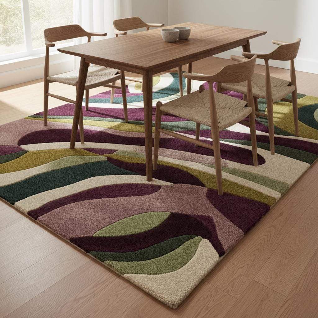 Abstract art rug in plum and green tones for contemporary spaces