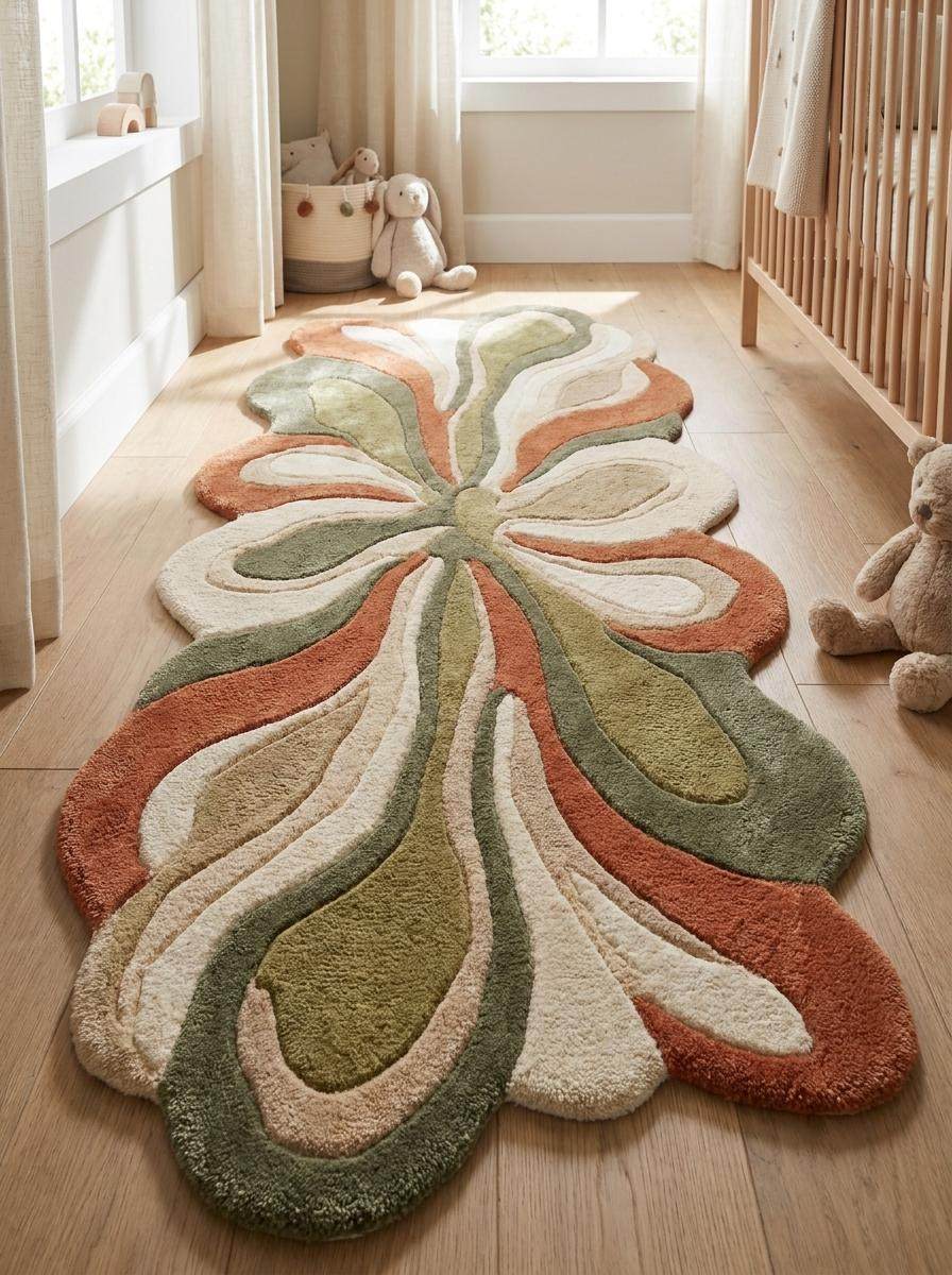 Hand Tufted Abstract Floral Rug, Irregular Shape Wool Carpet Runner for Hallway, Modern Artistic Area Decor __etsy:8022692401