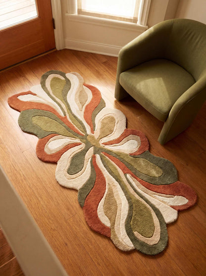Hand tufted abstract floral wool rug in irregular organic shape placed in modern hallway with wooden flooring __etsy:8022692267