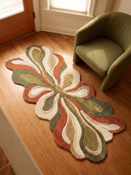 Hand tufted abstract floral wool rug in irregular organic shape placed in modern hallway with wooden flooring __etsy:8022692267